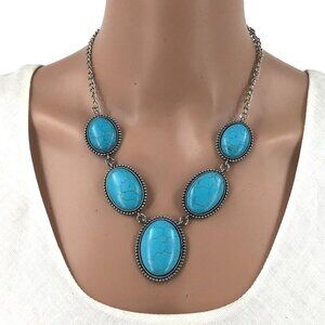 Boho Style Necklace Silver Tone Blue Adjustable Length